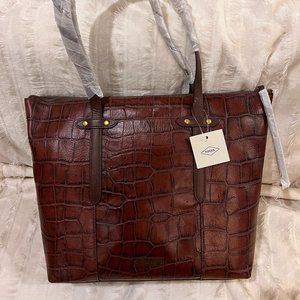 NWT Fossil Faux Crocodile Brown Leather Shoulder Tote Bag
